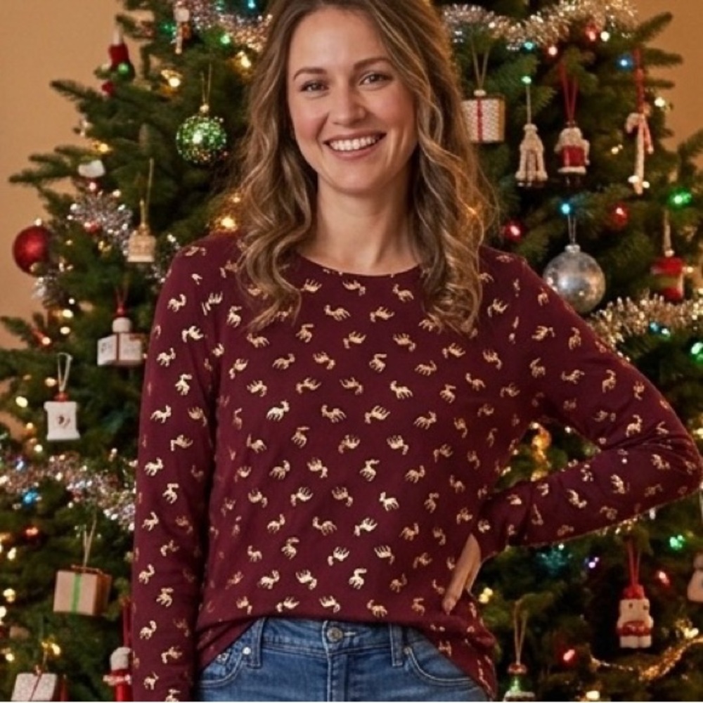 Lands' End size L burgundy and gold reindeer LS tshirt EUC